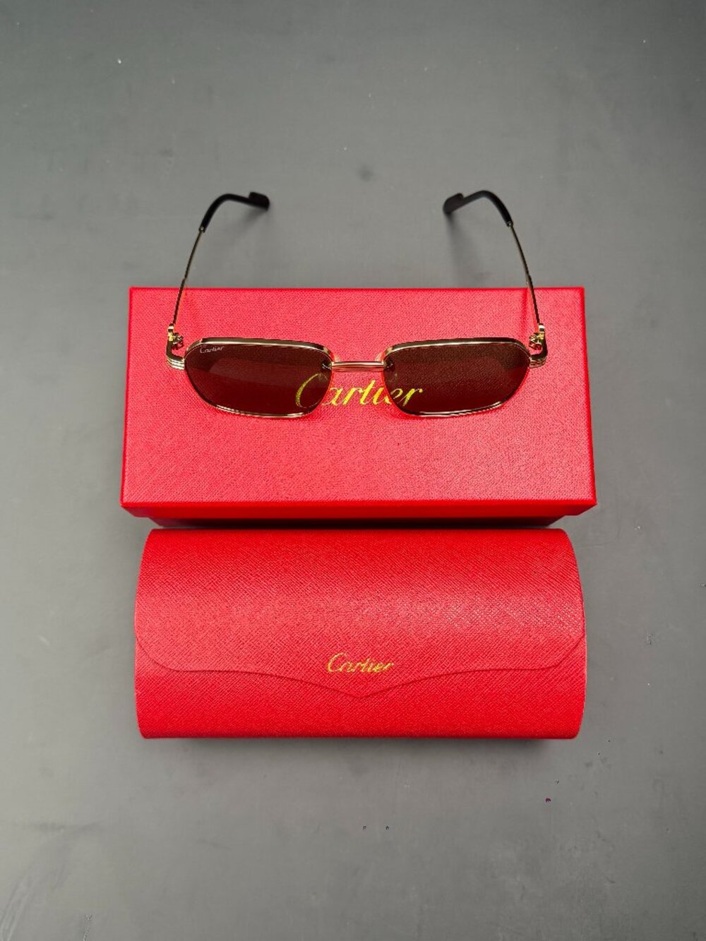 High‑End Designer Style Sunglasses, Slim Gold Metal Rectangle Frame Brown Lens F
